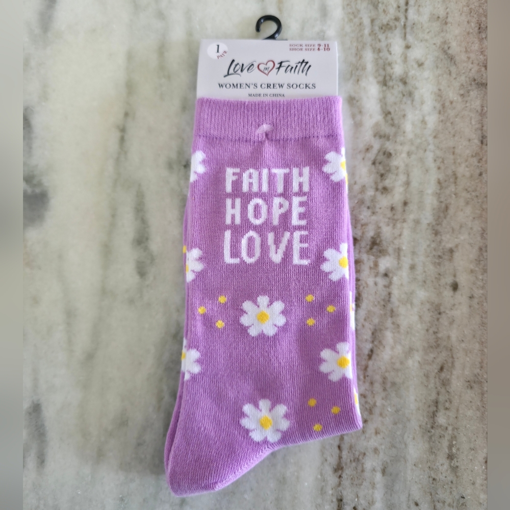 Love In Faith | Faith Hope Love Crew Socks, Purple with Daisy Pattern